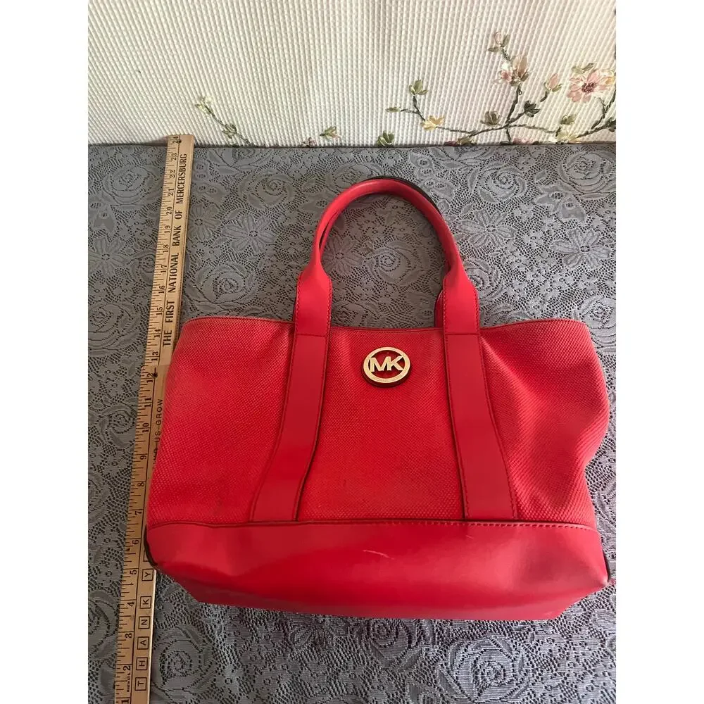 Michael Kors Red Woven Canvas Leather Tote Bag Gold MK Medallion Signature